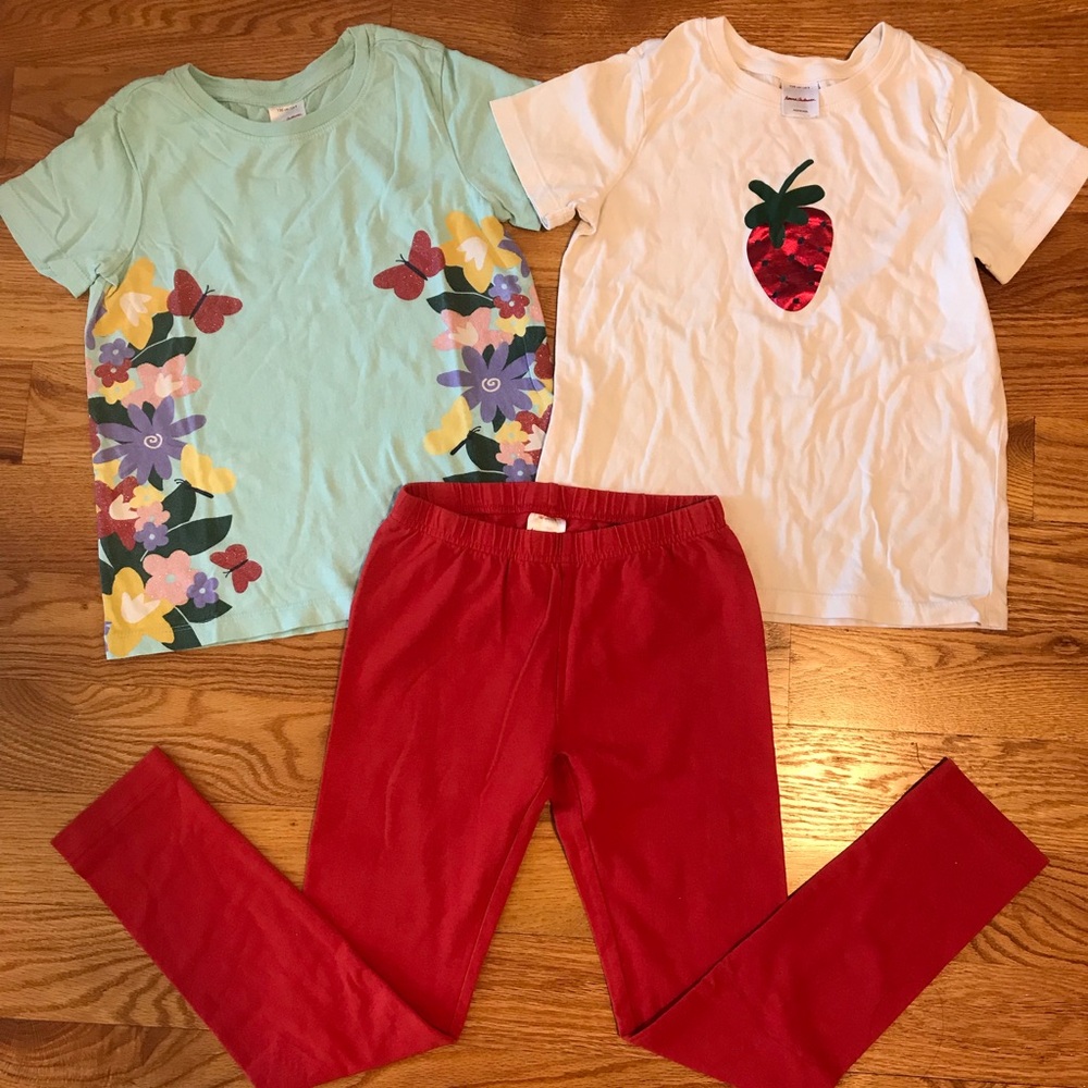 Hanna Andersson Girls' Floral Mint Tee, White Strawberry Tee & Red Leggings Set